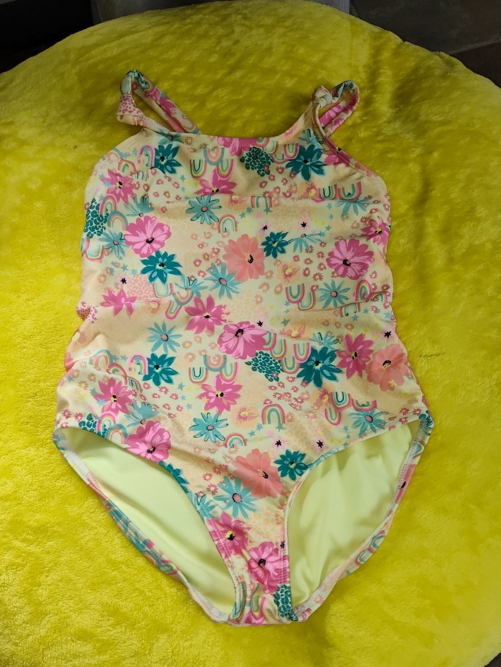 Cat & Jack Yellow Floral One-Piece Swimsuit with Pink & Teal Accents - Picture 1 of 4